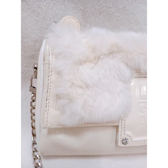 Longchamp Shoulder Crossbody Bag Ivory Patent Leather White Rabbit Fur Glam VNTG - Picture 3 of 16